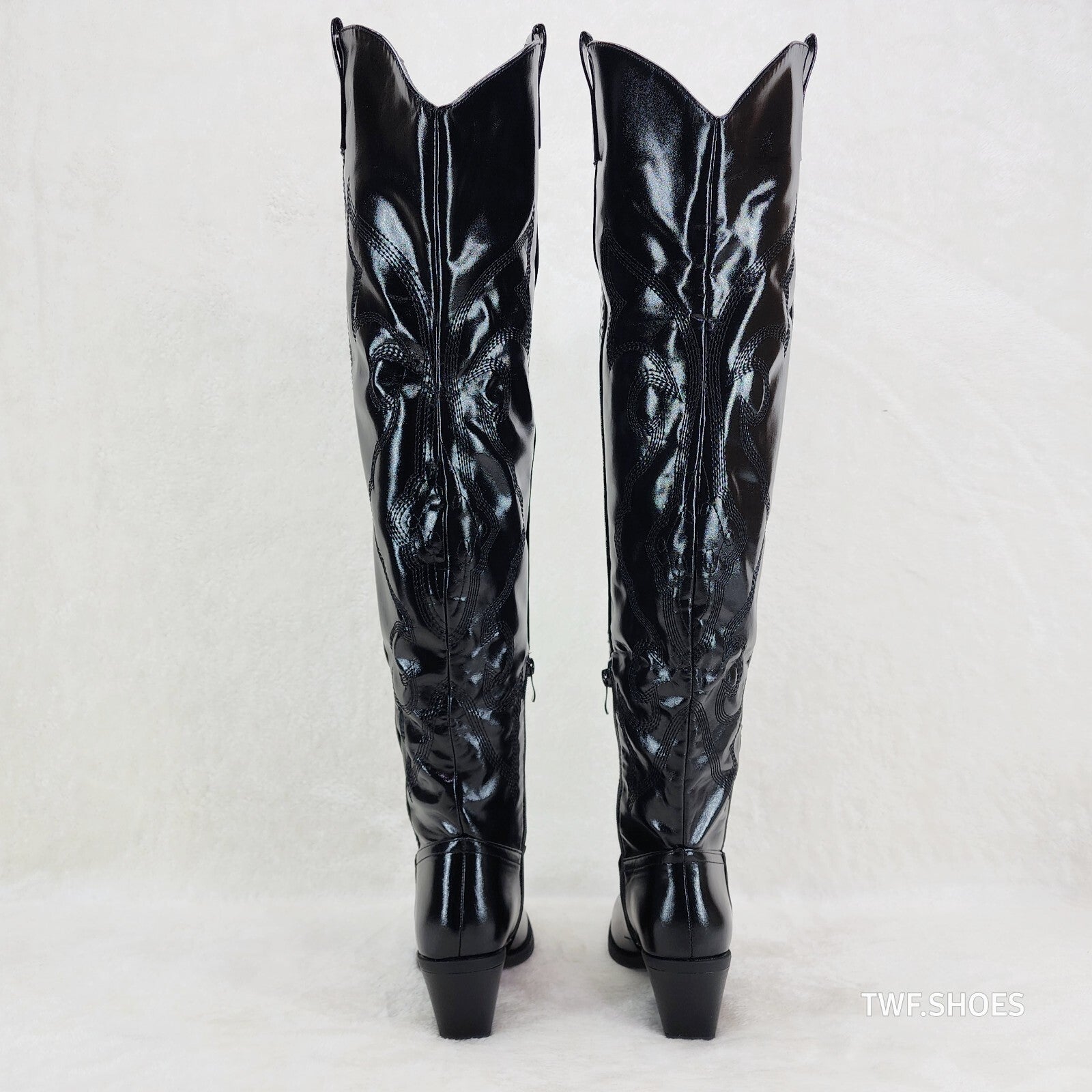 Country Disco Cowboy Metallic Black Western Cowgirl OTK Thigh Boots
