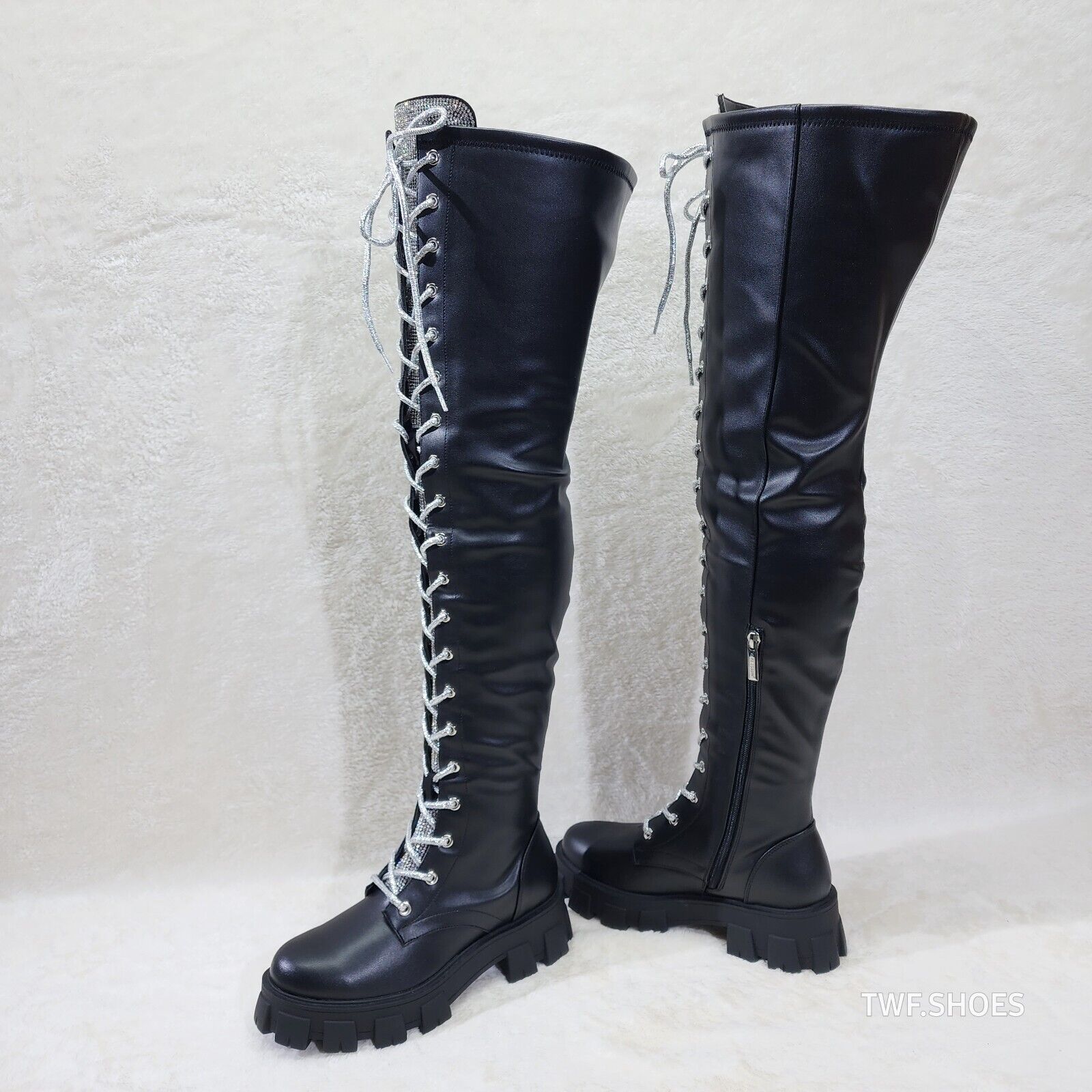 Roscoe Black Combat Thigh High Boots Iridescent Rhinestone Tongue Metallic Laces - Totally Wicked Footwear