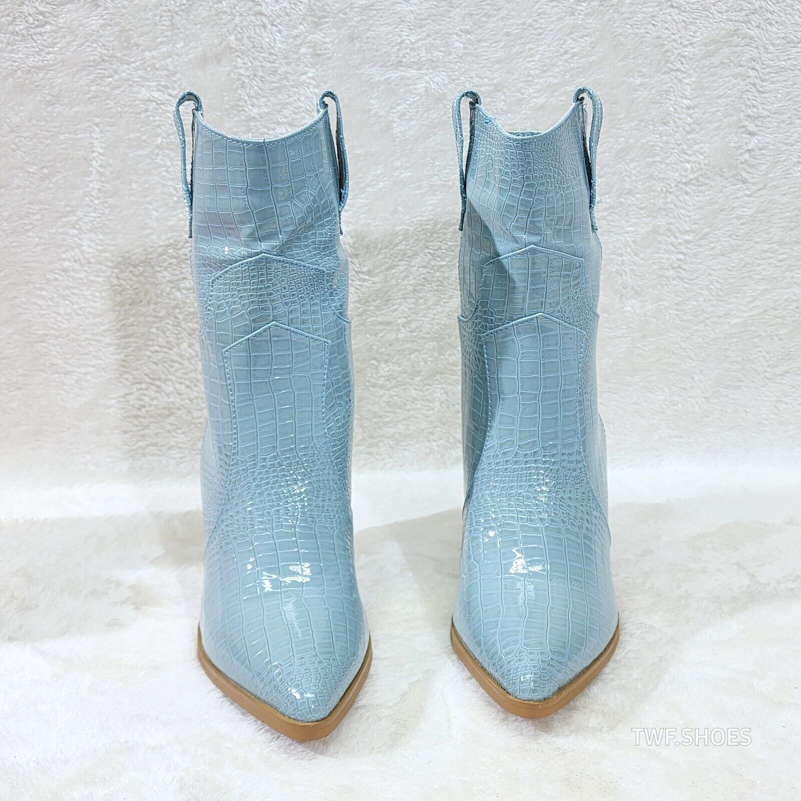 Twisted Blue Patent Country Western Cowgirl Ankle Boots 2 Tone Split Cut Heels - Totally Wicked Footwear
