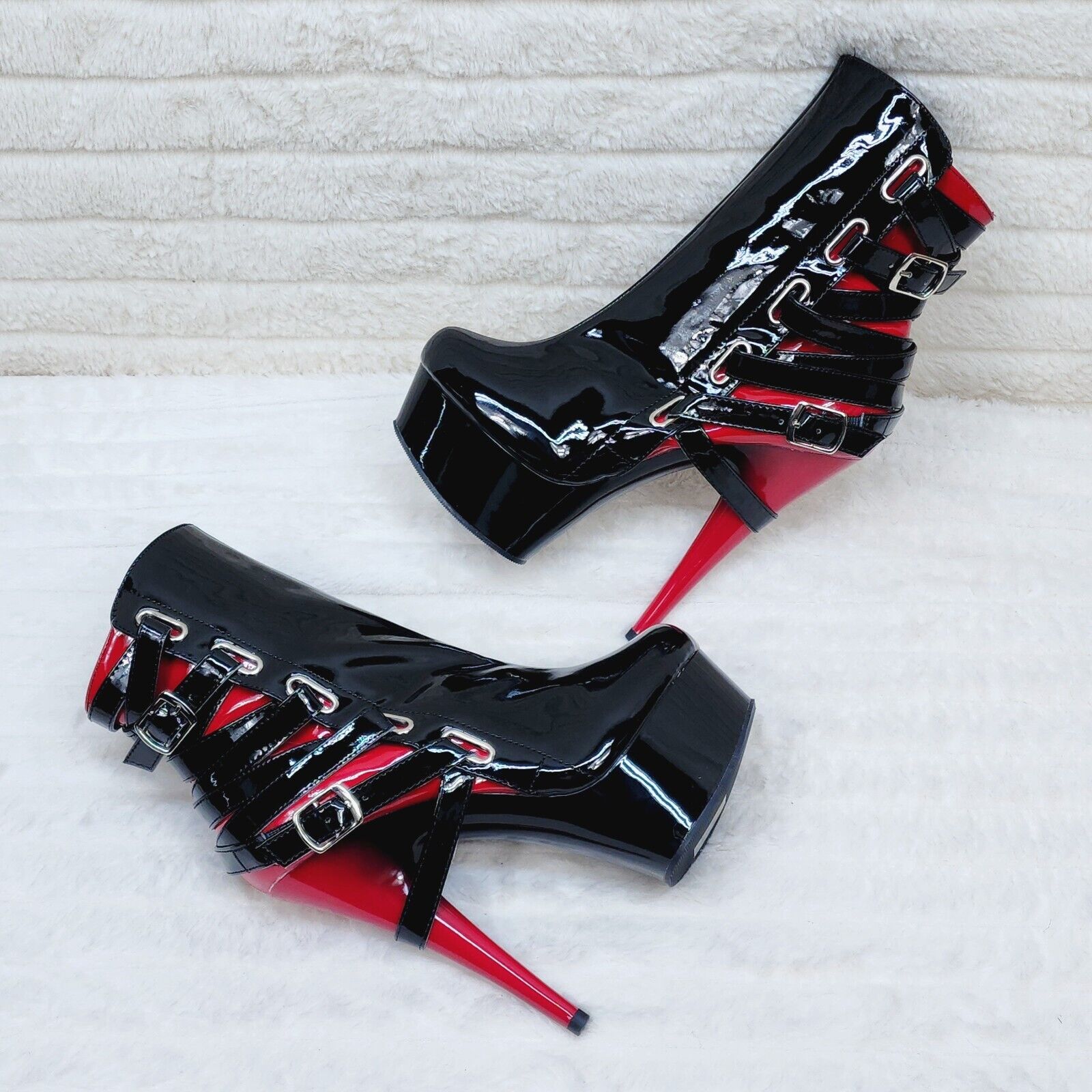 Delight 1012 Black / Red Buckle Strap 6" High Heels Platform Ankle Boots NY - Totally Wicked Footwear