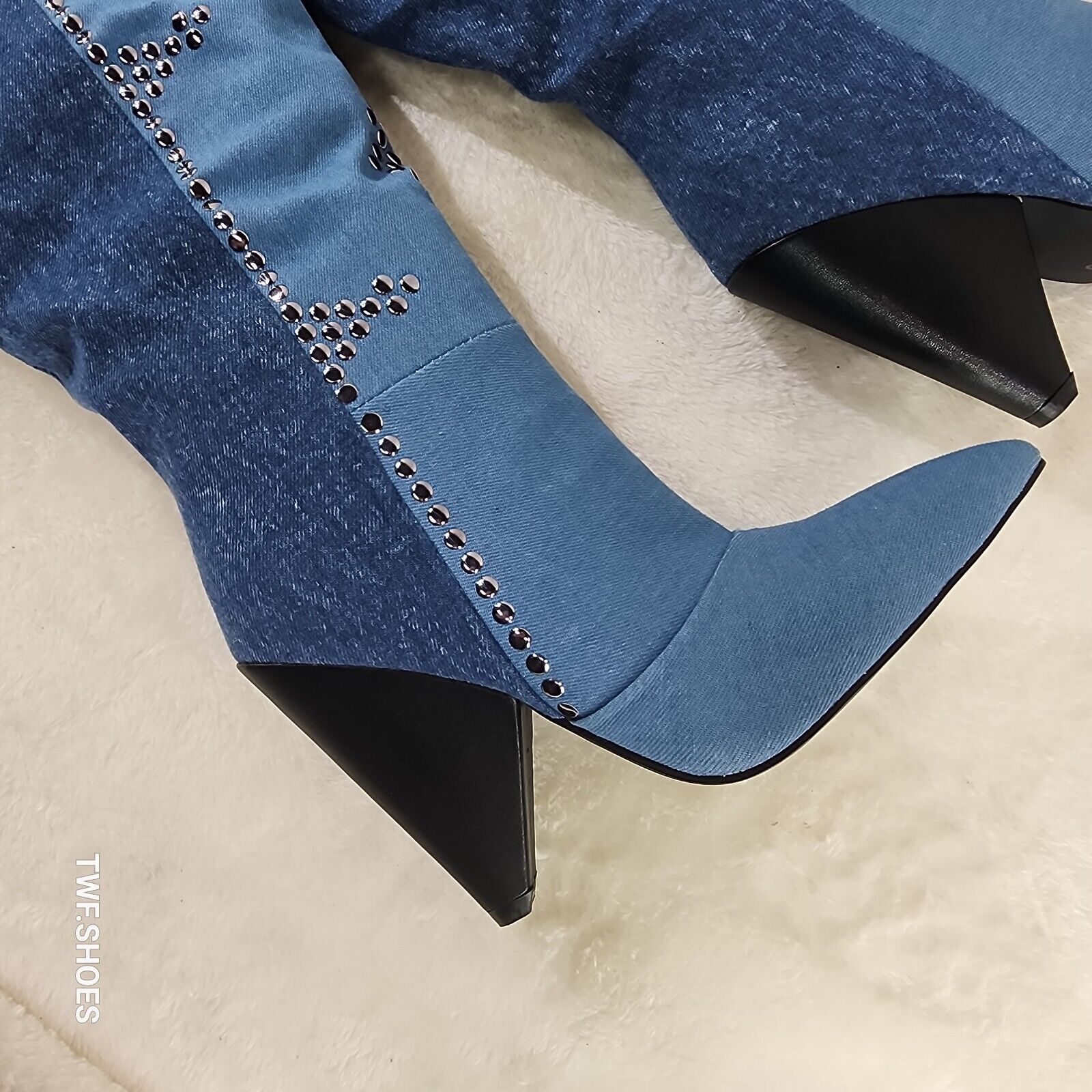 Western Flare Denim Boots Cone Heels Button Studs OTK Pull On Thigh High Boot - Totally Wicked Footwear