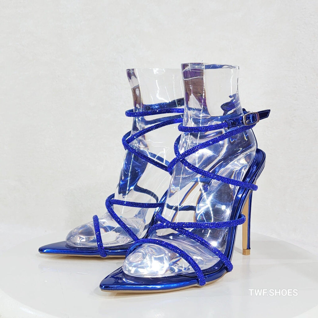 Party Town Blue Metallic Strappy Rhinestone Pointy Toe High Heels