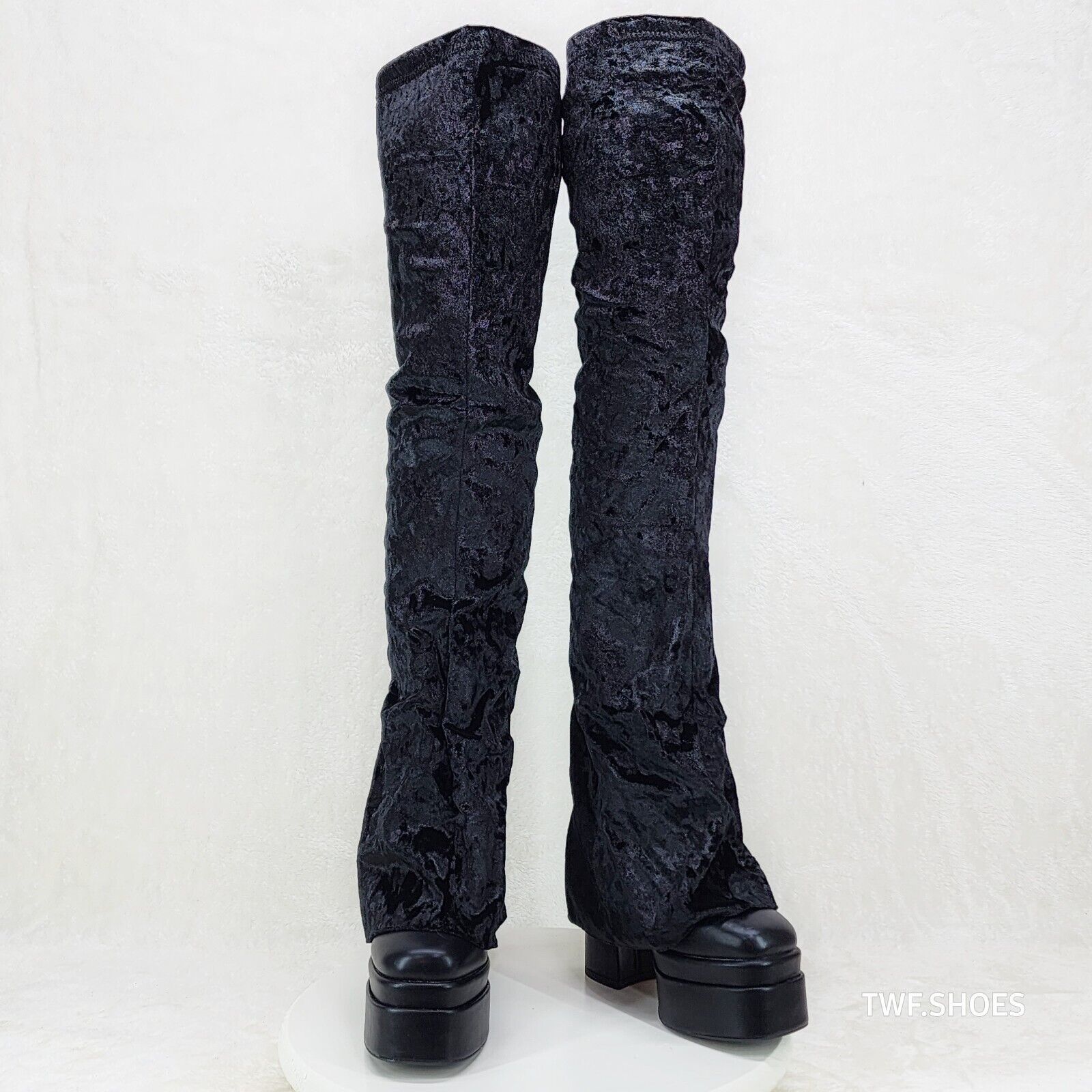 Unique Thigh High Black Velvet Fold over Skirted Chunky Heel Platform Boots - Totally Wicked Footwear
