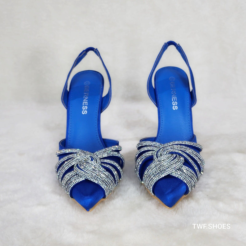 Elegance Slip on Slingback Blue Satin Rhinestone Pointy Toe High Heels Shoes