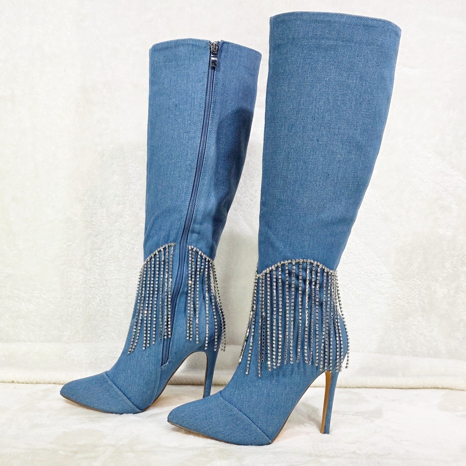 Sway Denim Knee High Boots Stiletto Heels Icicle Fringe