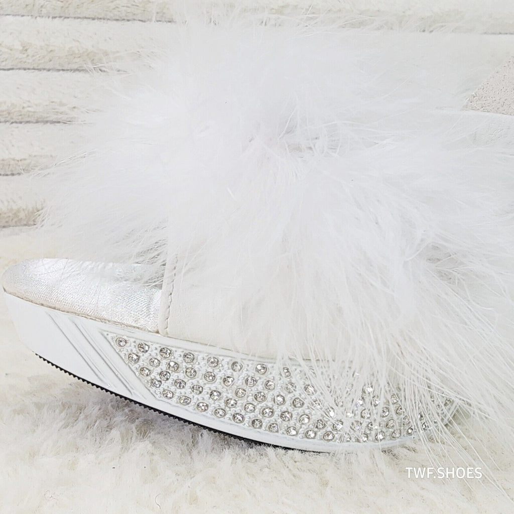 Elegance Marabou Feather Slip On Platform Sandals 5" Stiletto Heel Shoes White - Totally Wicked Footwear