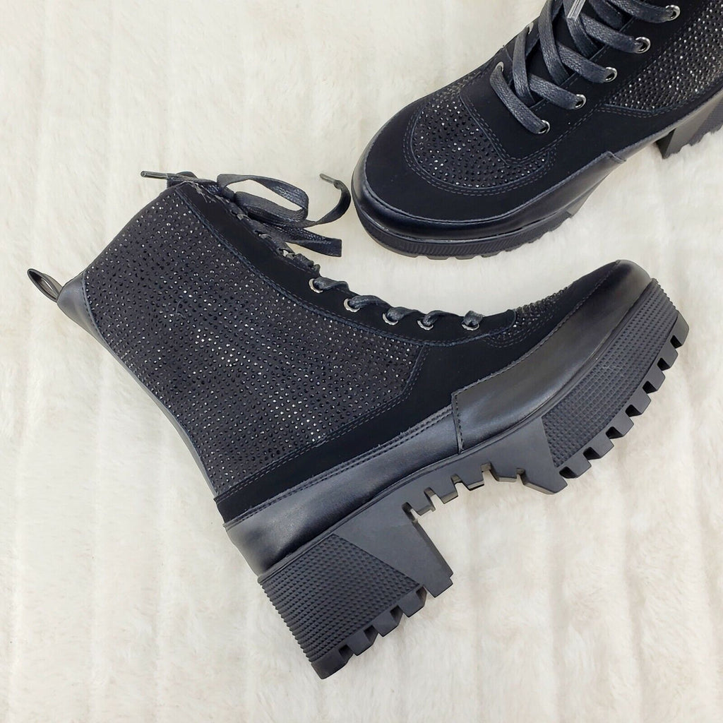 Queen Pin 2 Black Rhinestone Lace Up Platform Sneaker Combat Ankle Boots - Totally Wicked Footwear