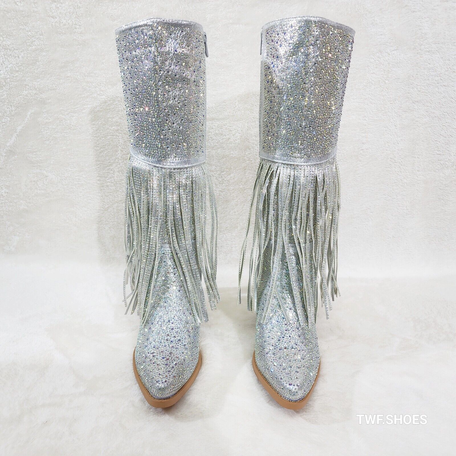 Western Diva Silver Asymmetrical Fringe Rhinestone Glam Cowgirl Boots - Totally Wicked Footwear