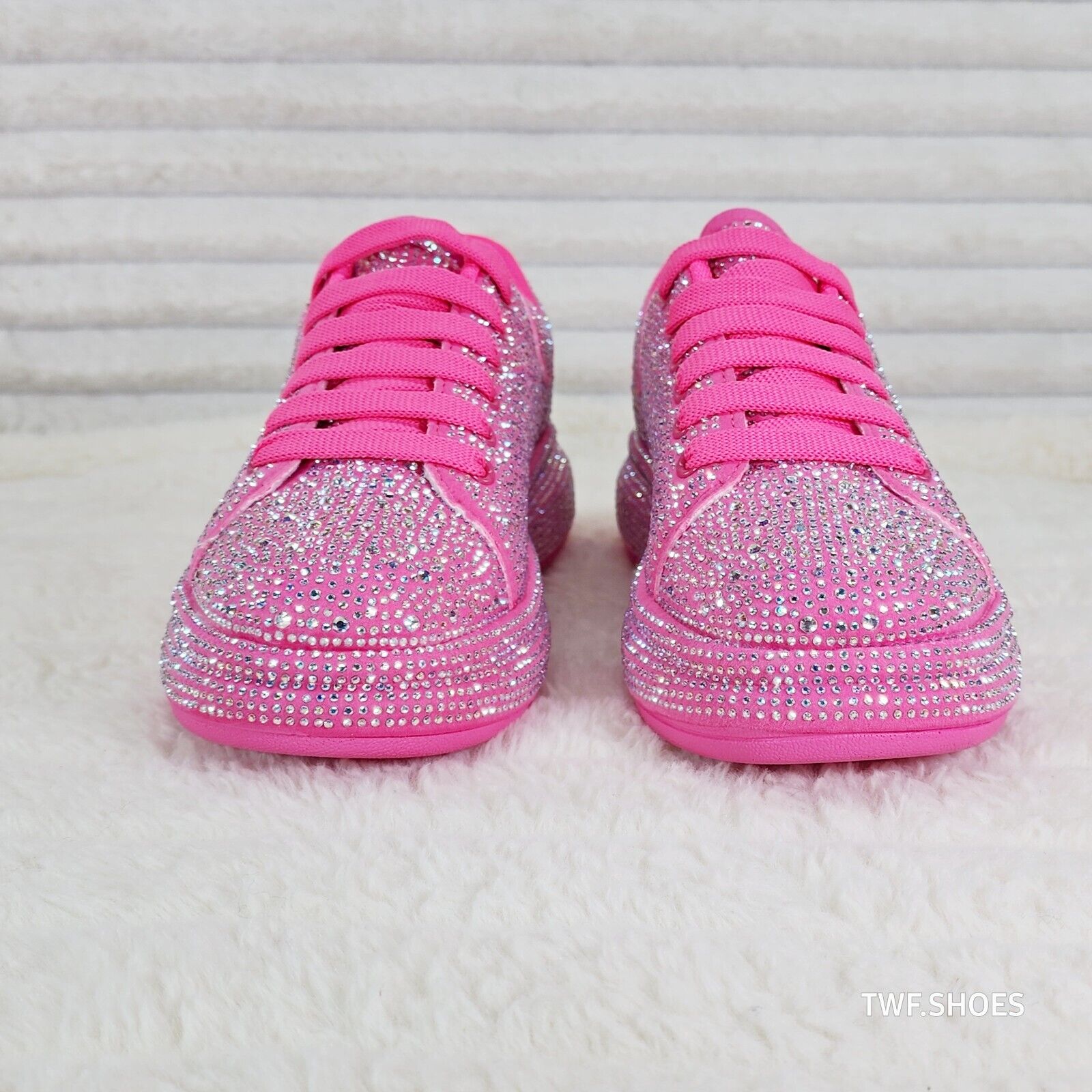 Dazzle Cush Bright Hot Pink Neon Rhinestone Comfy Platform Sneakers Tennis Shoes - Totally Wicked Footwear