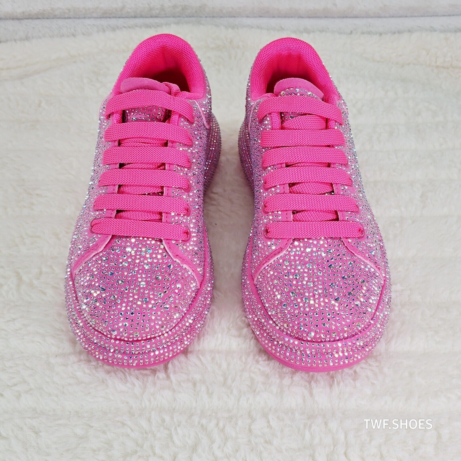 Dazzle Cush Bright Hot Pink Neon Rhinestone Comfy Platform Sneakers Tennis Shoes - Totally Wicked Footwear
