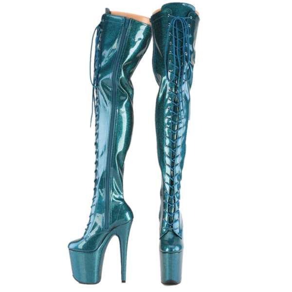 3020 Teal Glitter Patent 3020 Lace Up Thigh High Platform Boots Flamingo 8" Heel - Totally Wicked Footwear