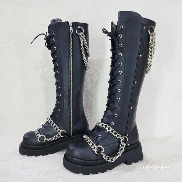 Renegade Lace Up Draped Chain Combat Knee High Boots Goth Punk Rocker Biker Boot