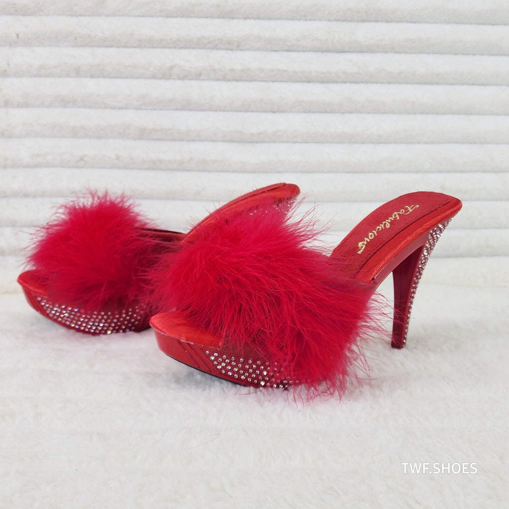 Elegance Marabou Feather Slip On Platform Sandals 5" Stiletto Heel Shoes red - Totally Wicked Footwear