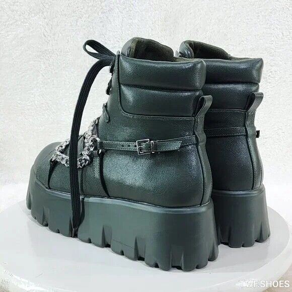 Emo Stomp 2" Platform Stomper Ankle Boots With Chain Design Faux Leather Green