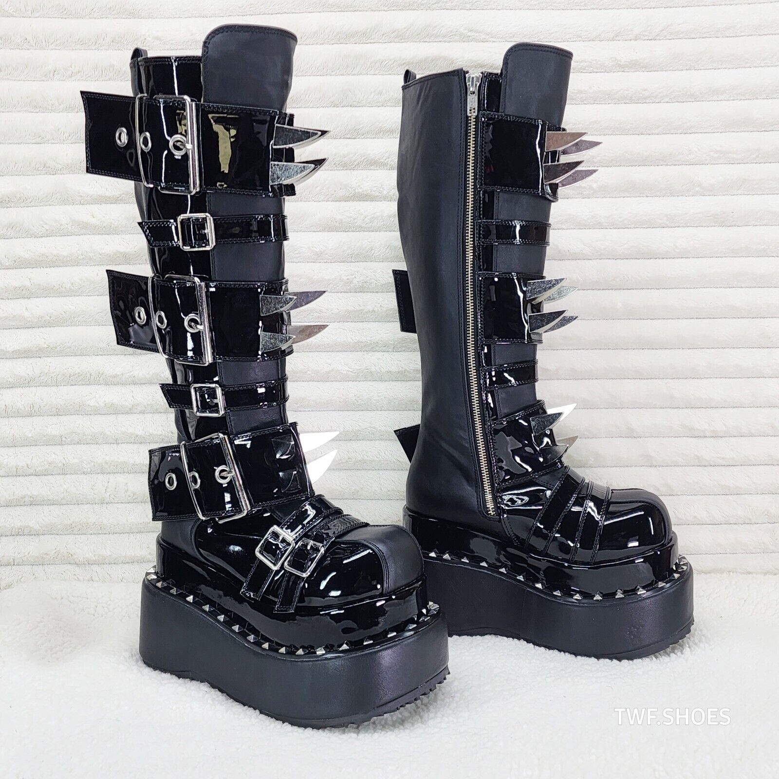 Bear 512 Metal Claw Spiked Platform Punk Goth Knee Boots Patent Matte Finish - Totally Wicked Footwear