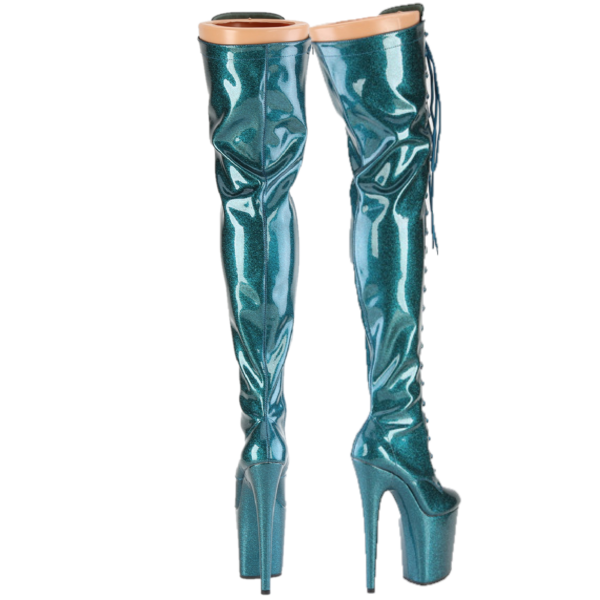 3020 Teal Glitter Patent 3020 Lace Up Thigh High Platform Boots Flamingo 8" Heel - Totally Wicked Footwear