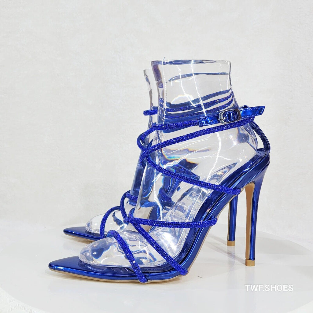 Party Town Blue Metallic Strappy Rhinestone Pointy Toe High Heels