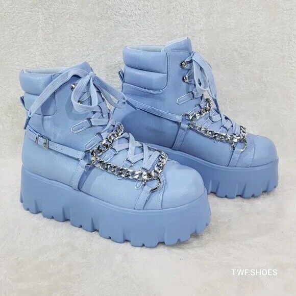 Emo Stomp 2" Platform Stomper Ankle Boots With Chain Design Baby Blue - Totally Wicked Footwear