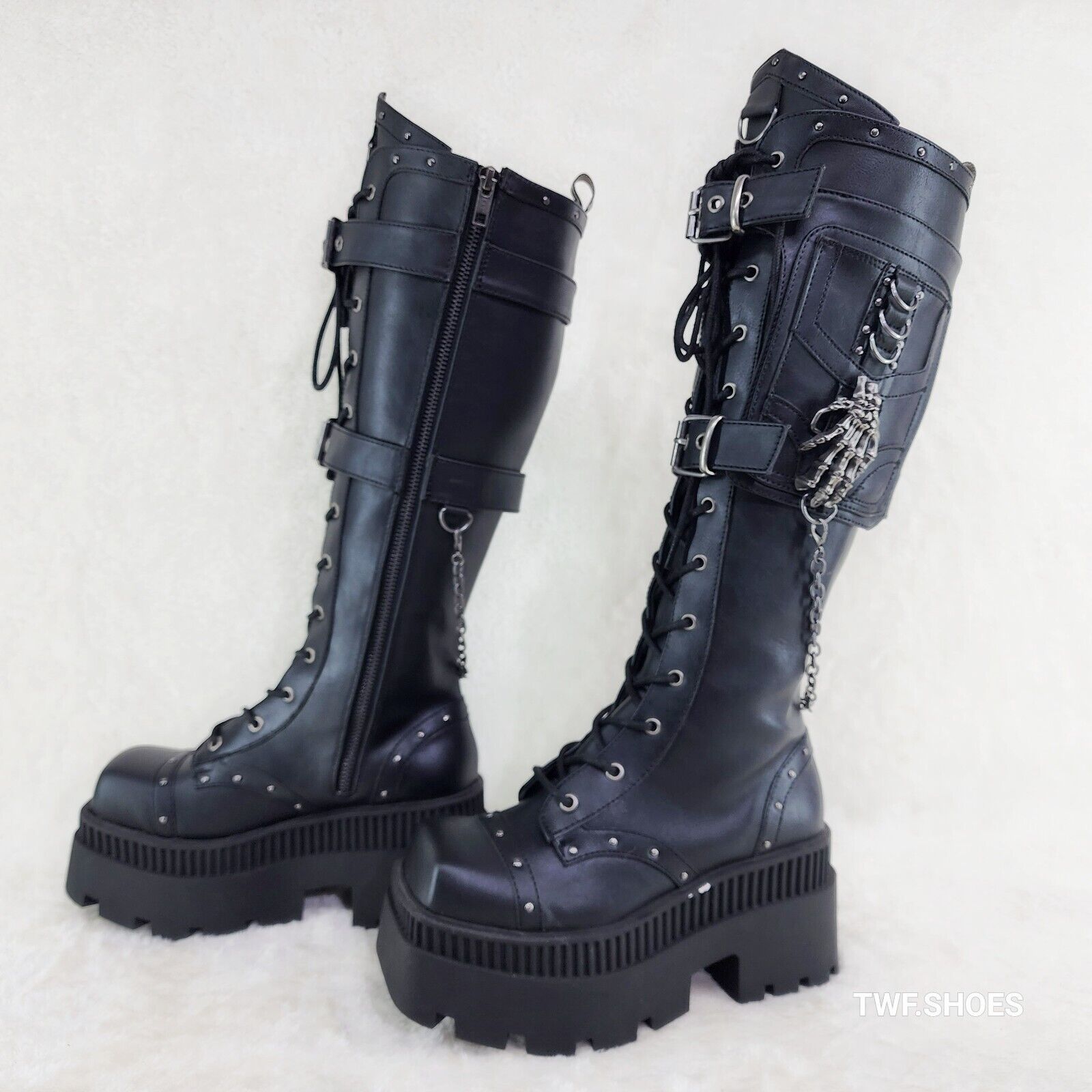 Wicked Wrath Square Toe Goth Lace Up Knee High Boots Skull Hand In House DEMONIA - Totally Wicked Footwear