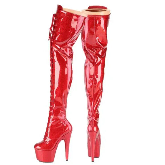 3020 Red Glitter Patent 3020 Lace Up Thigh High Platform Boots Adore 7" Heels - Totally Wicked Footwear