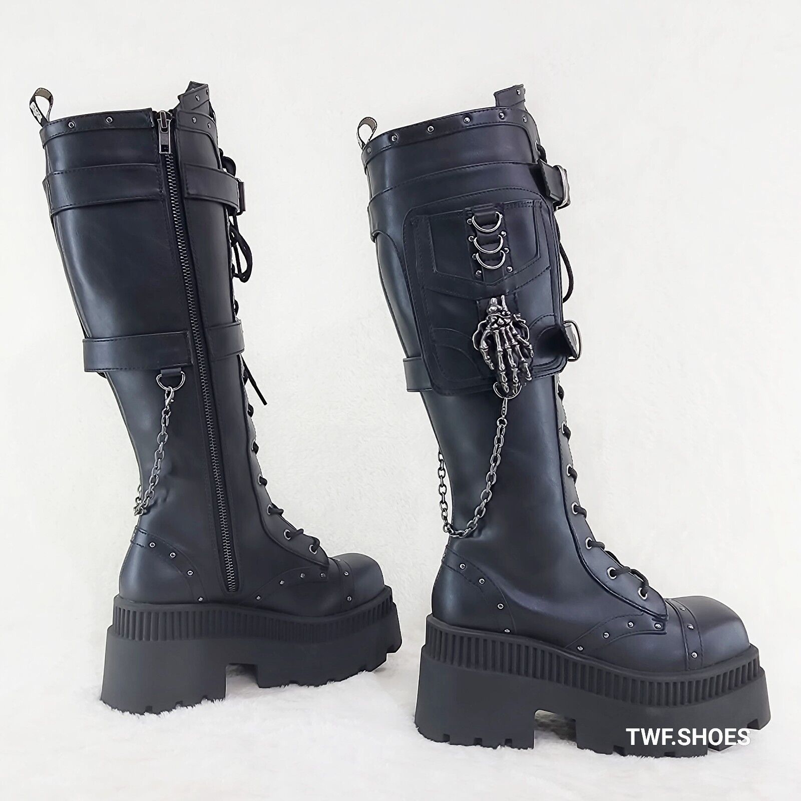 Wicked Wrath Square Toe Goth Lace Up Knee High Boots Skull Hand In House DEMONIA - Totally Wicked Footwear