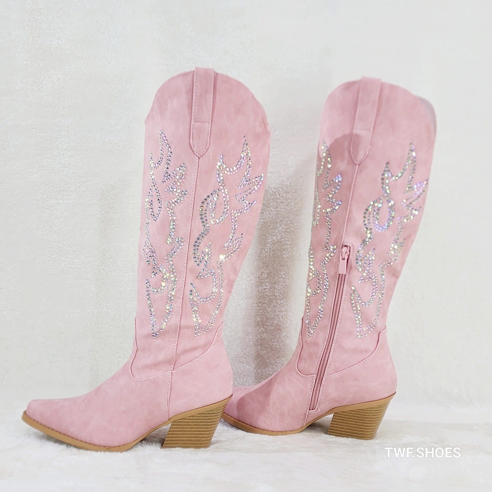 Ann Pink Leatherette With Rhinestones Country Glam Western Cowgirl Knee Boots