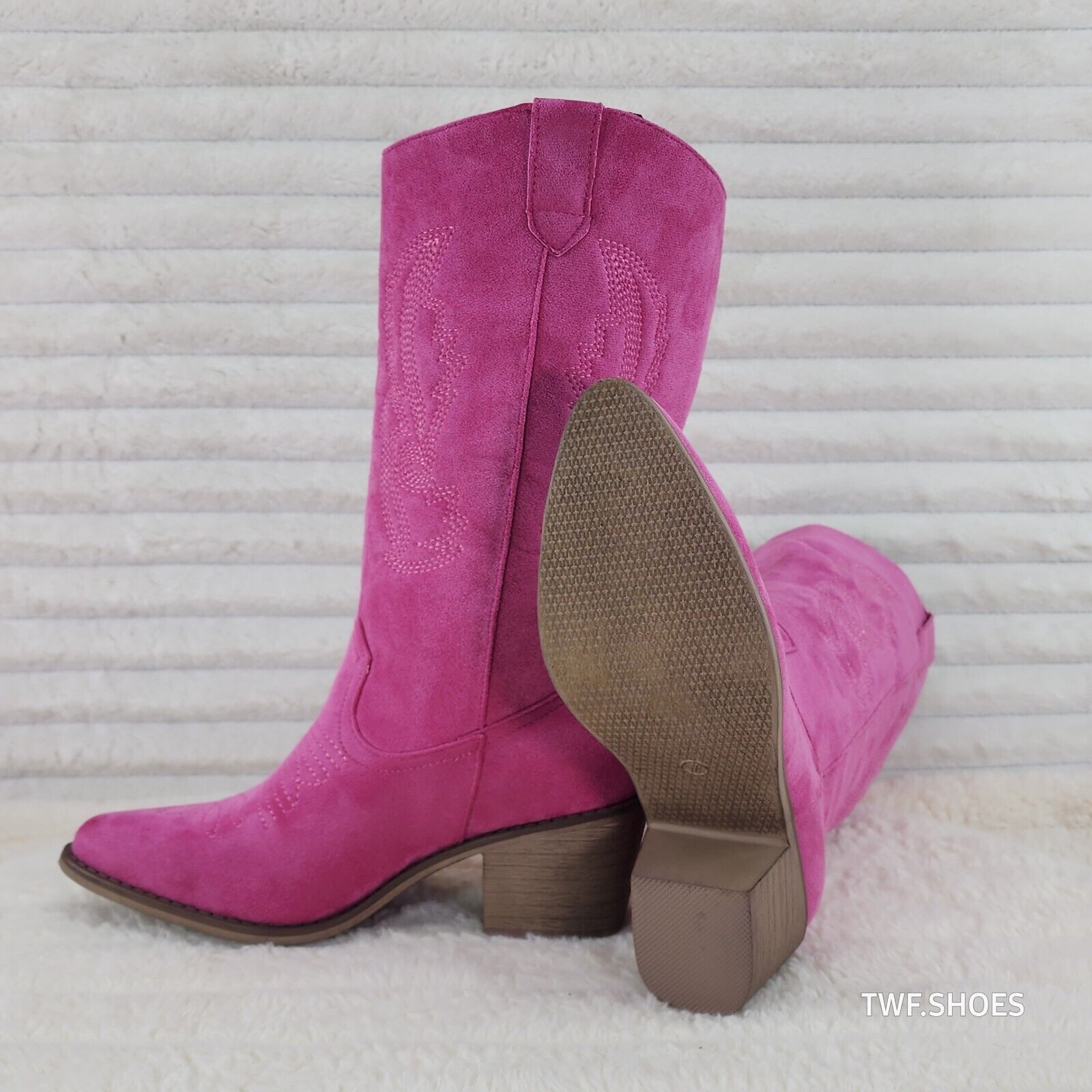 Wild Ones Fuchsia Pink Faux Suede Pull On Mid Calf Cowboy Cowgirl Boots - Totally Wicked Footwear