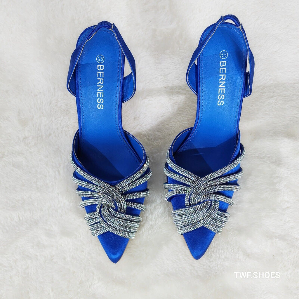 Elegance Slip on Slingback Blue Satin Rhinestone Pointy Toe High Heels Shoes