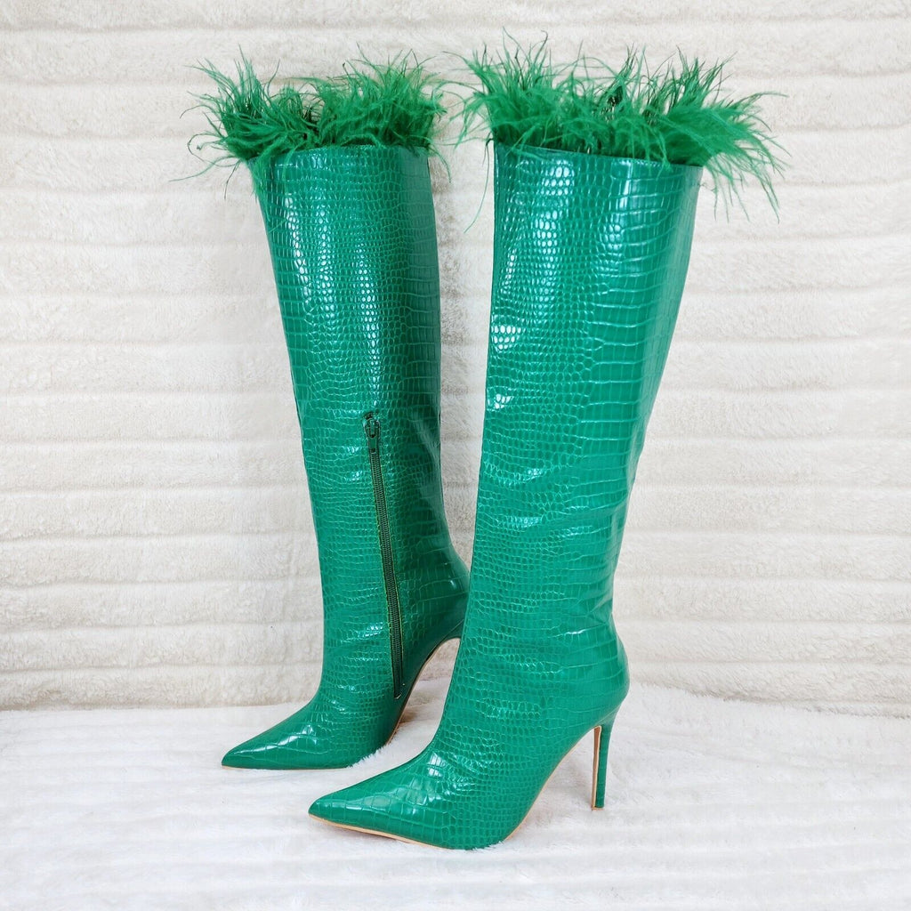 Flirty Green Snake Texture Knee High Heel Stiletto Boots Sexy Feather Top - Totally Wicked Footwear