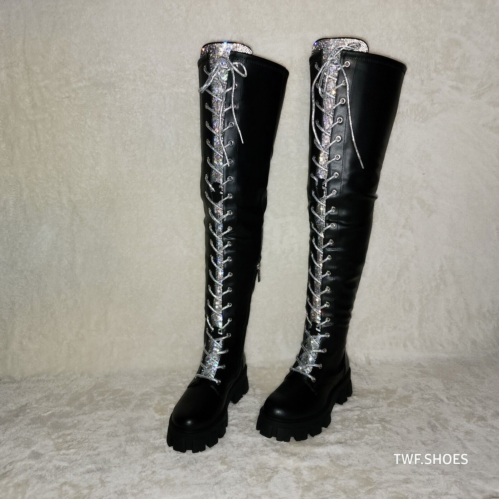 Roscoe Black Combat Thigh High Boots Iridescent Rhinestone Tongue Metallic Laces - Totally Wicked Footwear