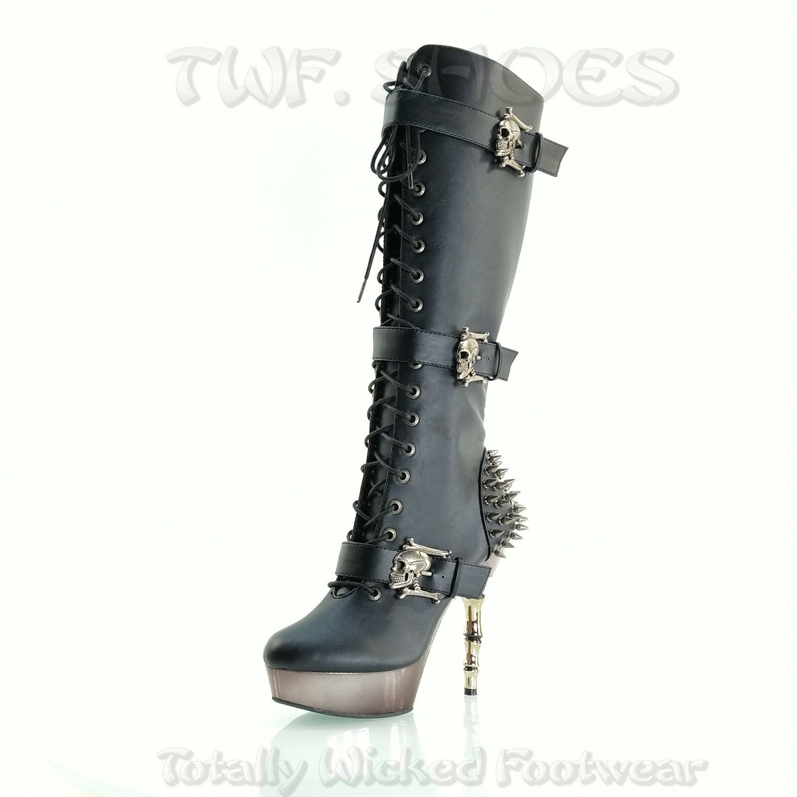 DEMONIA Muerto Chrome Bone High Heel Spiked Skull Buckle Lace Up Knee Boots