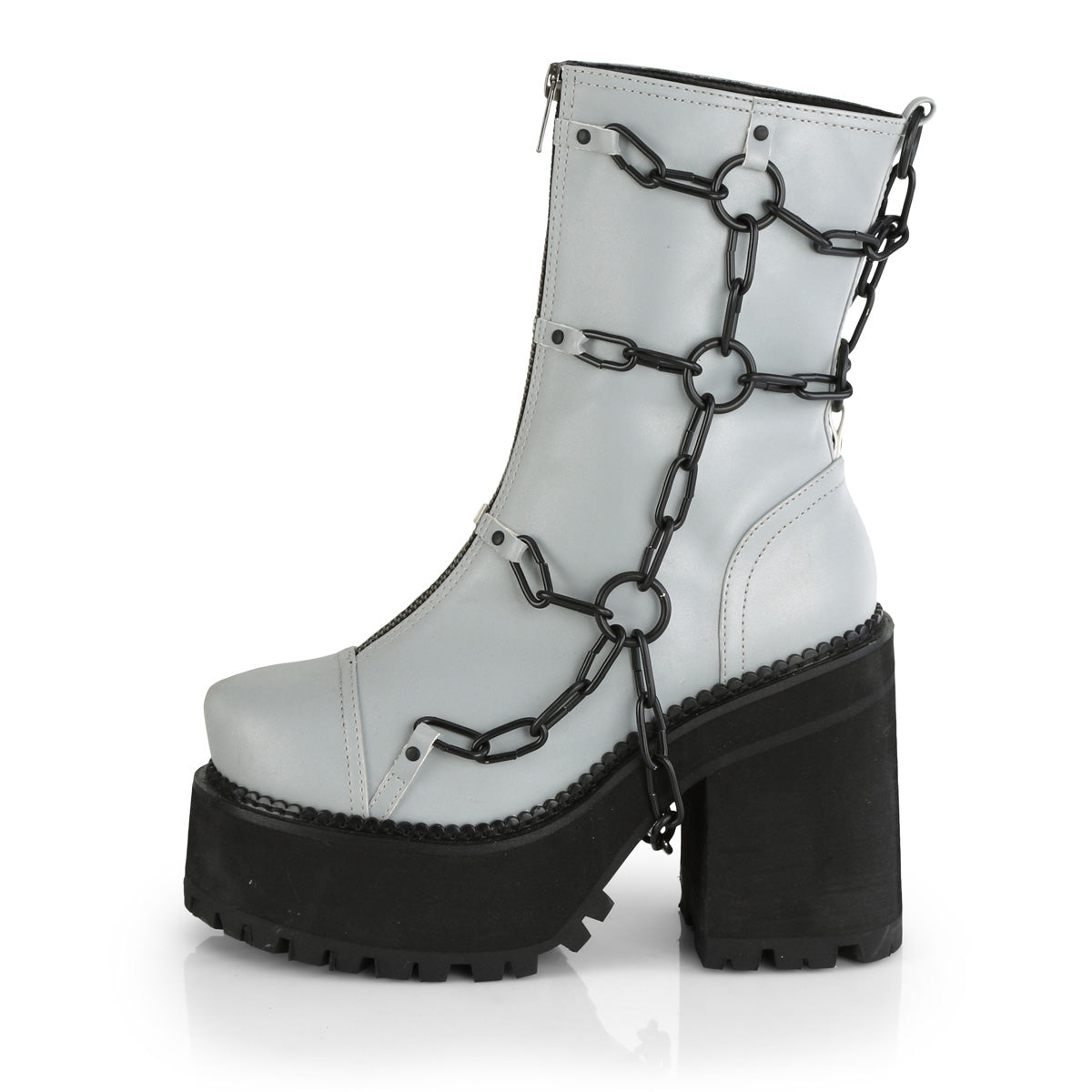 Assault 66 Goth Platform Mid Calf Chain Cage Grey Reflective