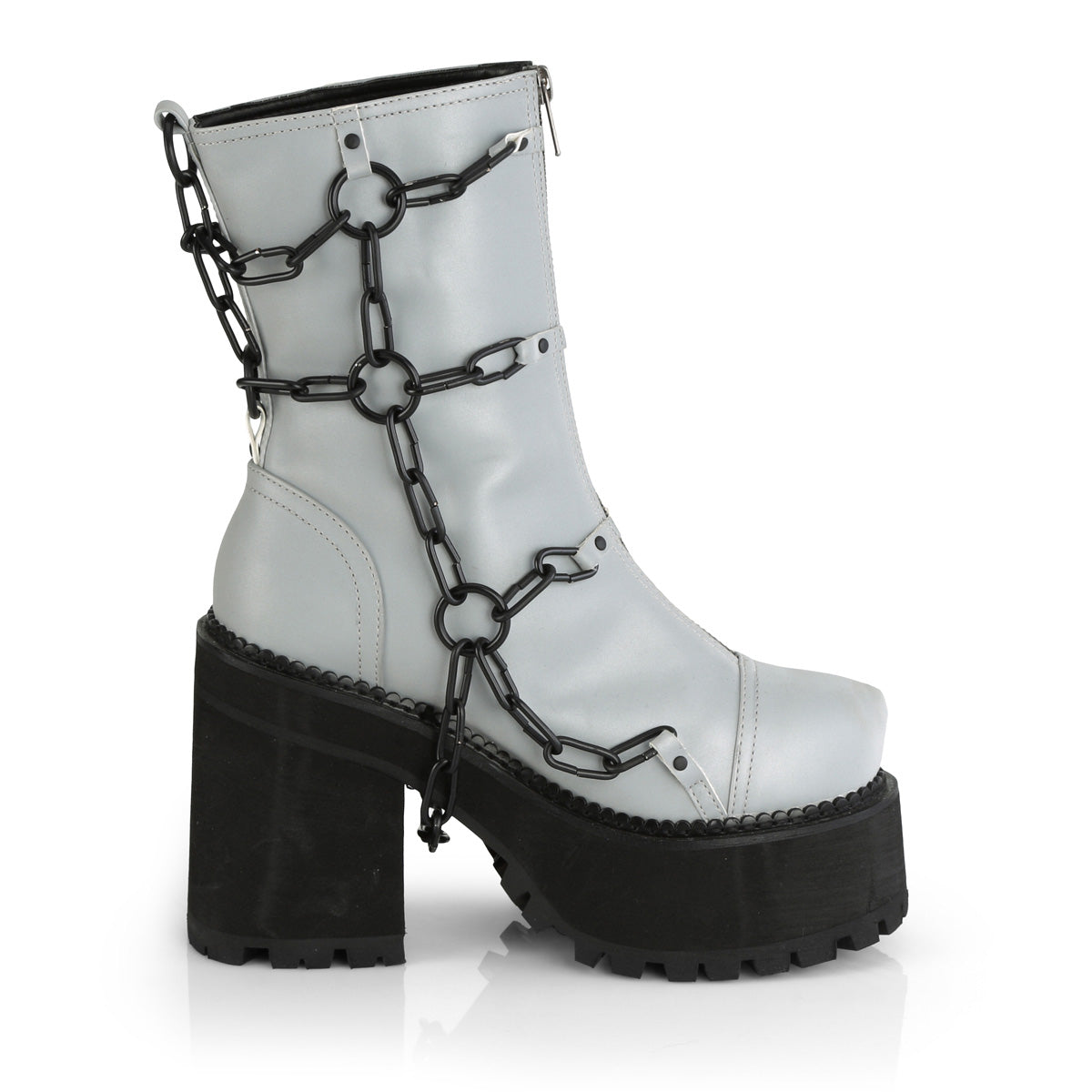 Assault 66 Goth Platform Mid Calf Chain Cage Grey Reflective