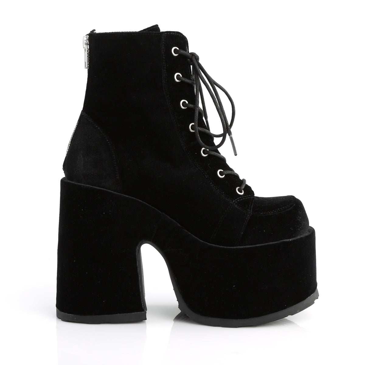 Camel 203 Black Velvet Platform Block Heel Ankle Boots