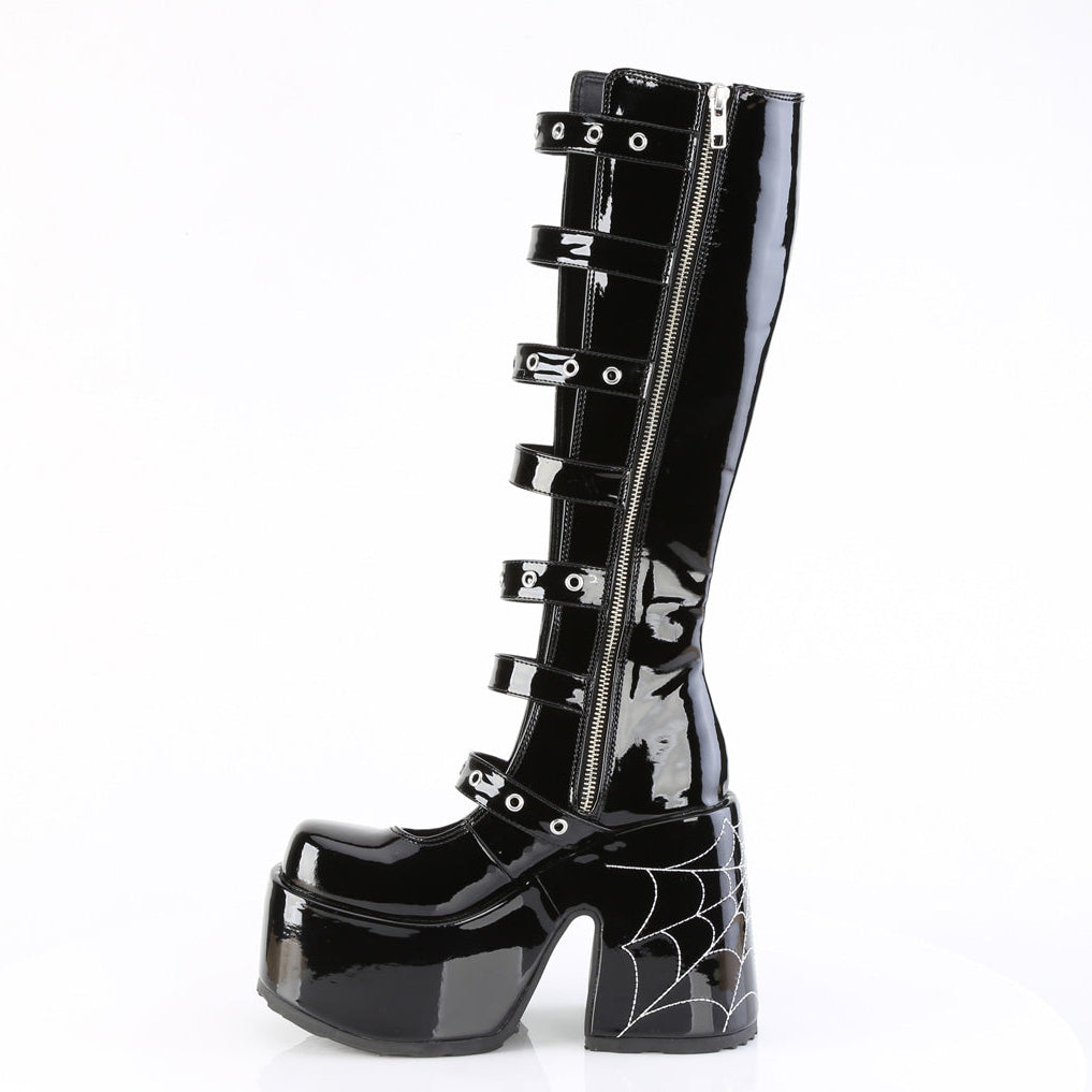Camel 223 Black Patent Platform Block Heel Strap Knee Boots