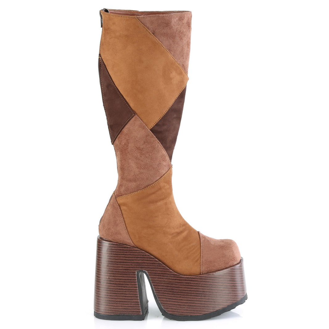 Camel 280 Patchwork Platform Block Heel Strap Knee Boots