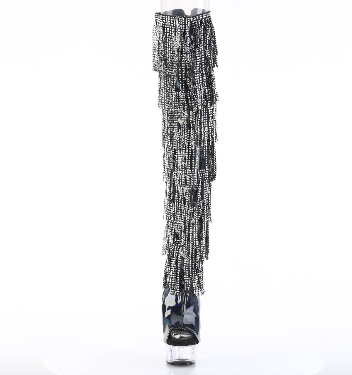 Delight 3017HG Black Hologram Patent 6" Platform High Heel Fringe Thigh Boots - Direct - Totally Wicked Footwear