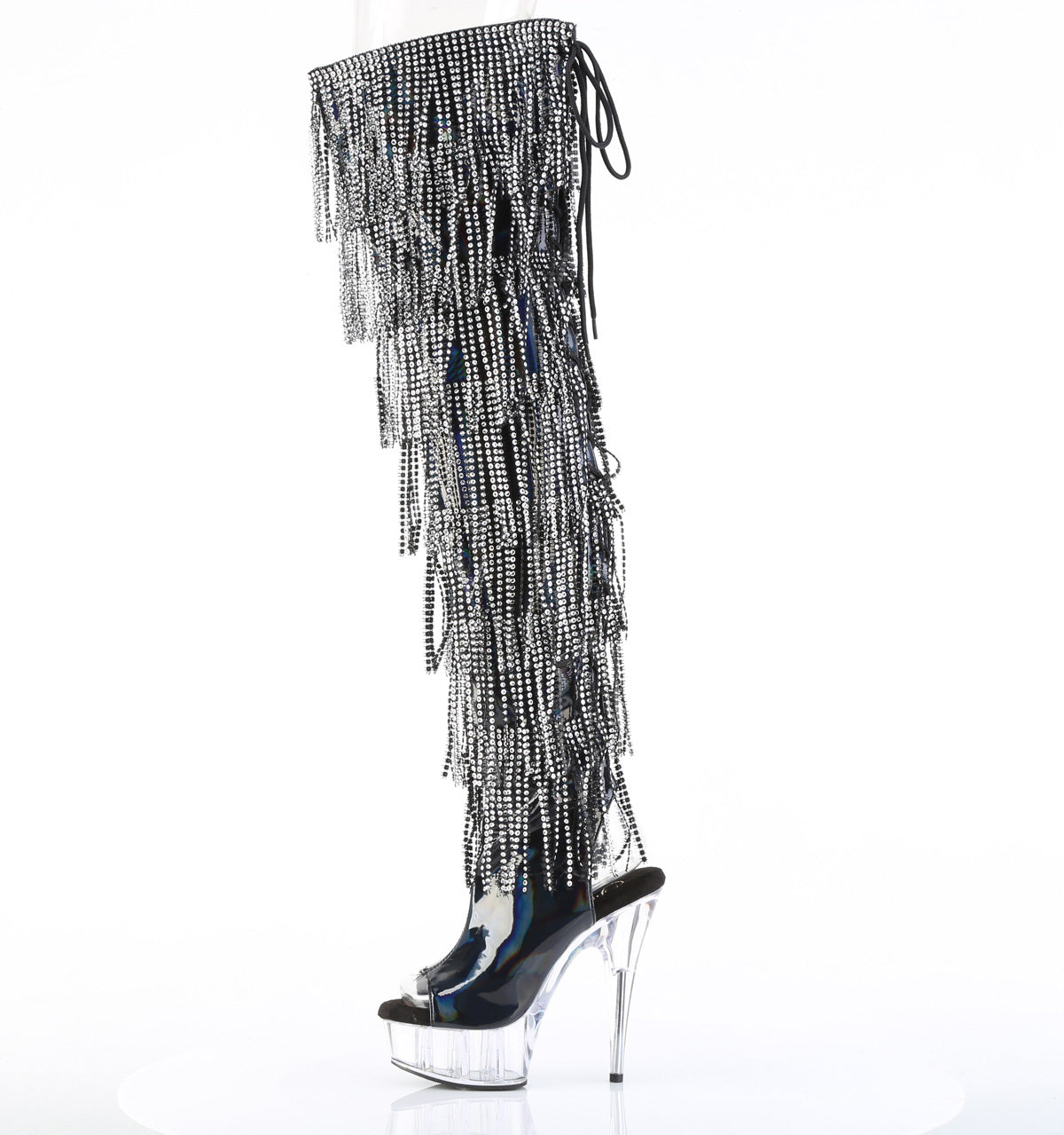 Delight 3017HG Black Hologram Patent 6" Platform High Heel Fringe Thigh Boots - Direct - Totally Wicked Footwear