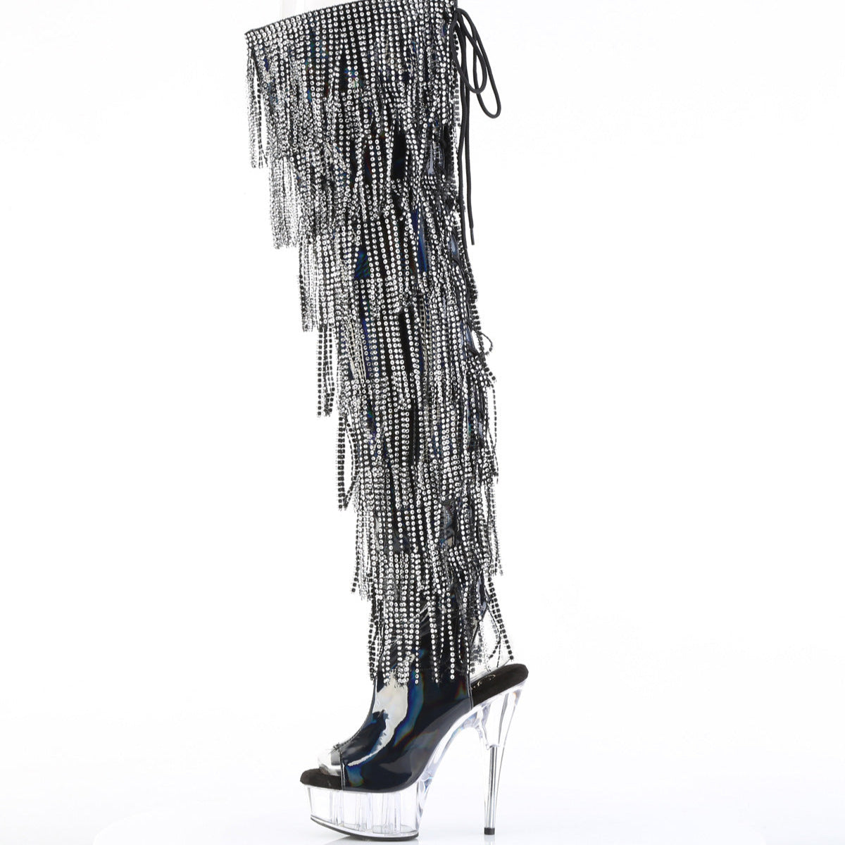 Delight 3017HG Black Hologram Patent 6" Platform High Heel Fringe Thigh Boots - Direct - Totally Wicked Footwear