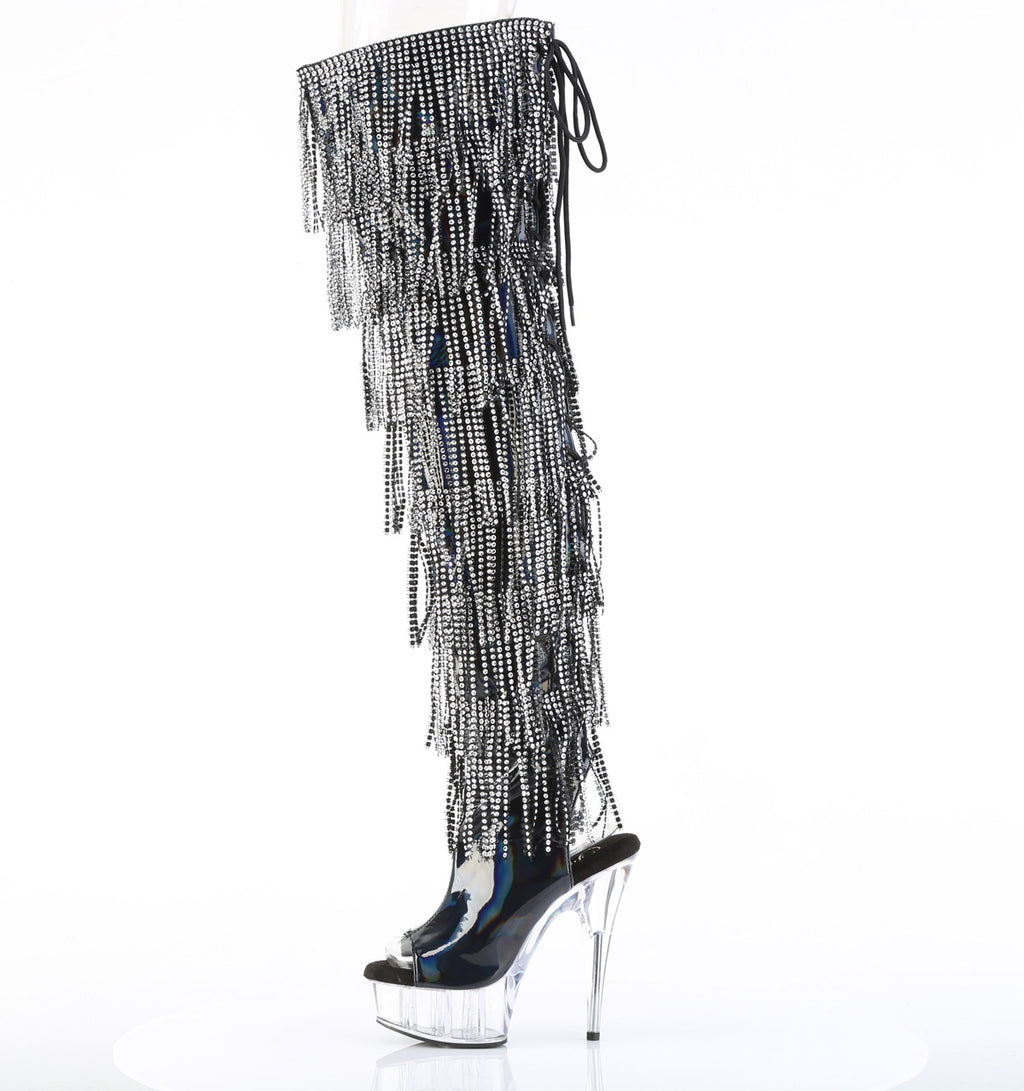 Delight 3017HG Black Hologram Patent 6" Platform High Heel Fringe Thigh Boots - Direct
