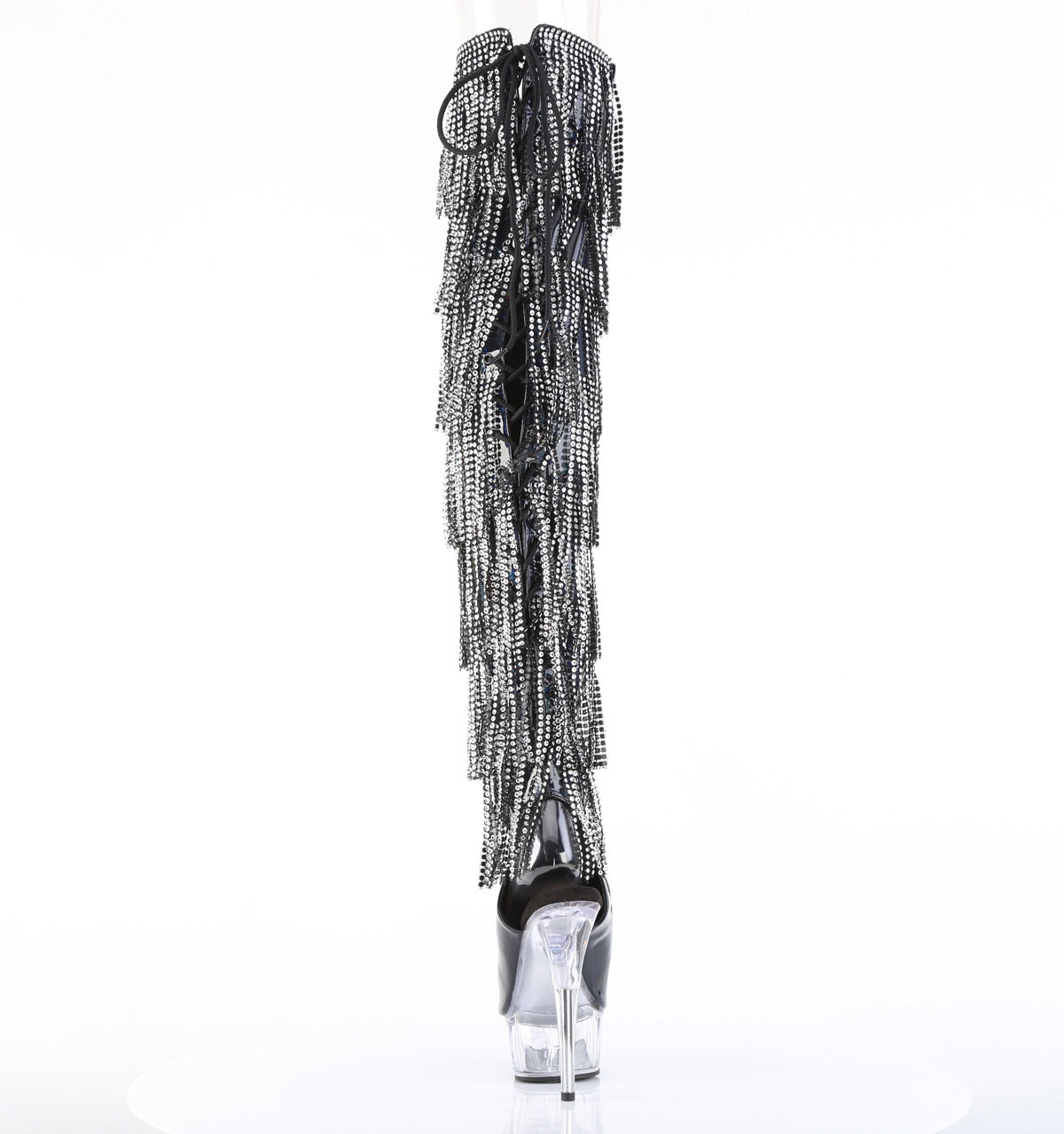 Delight 3017HG Black Hologram Patent 6" Platform High Heel Fringe Thigh Boots - Direct - Totally Wicked Footwear