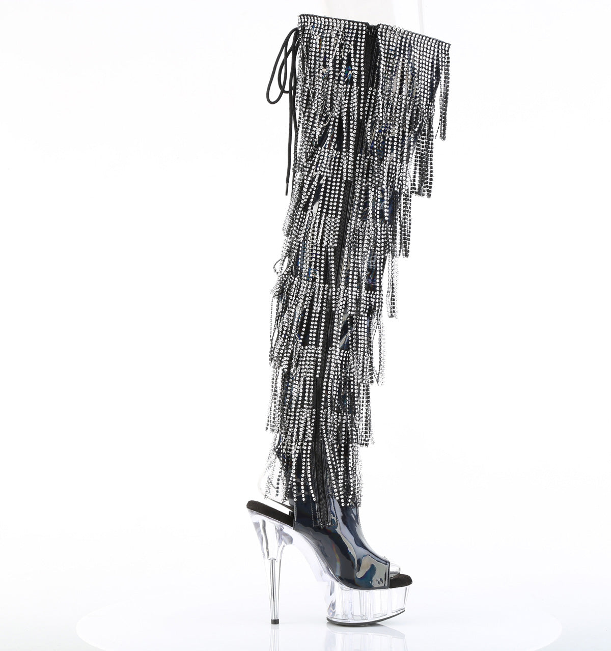 Delight 3017HG Black Hologram Patent 6" Platform High Heel Fringe Thigh Boots - Direct - Totally Wicked Footwear