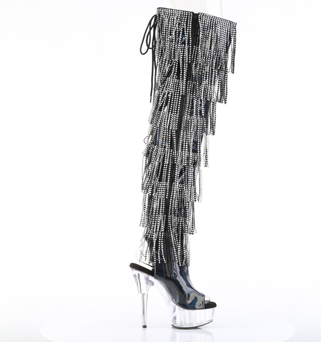 Delight 3017HG Black Hologram Patent 6" Platform High Heel Fringe Thigh Boots - Direct