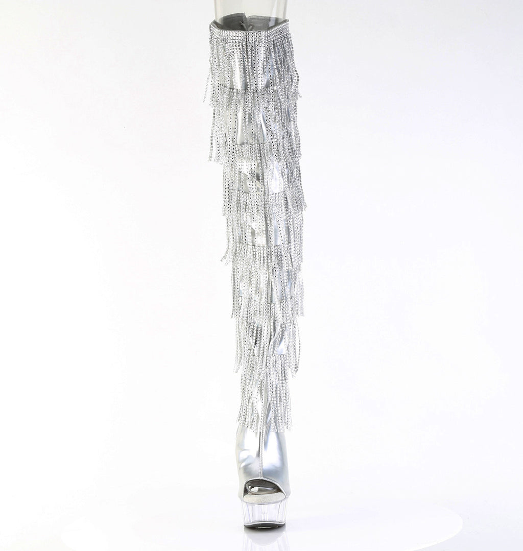 Delight 3017HG Silver Hologram Patent 6" Platform High Heel Fringe Thigh Boots - Direct
