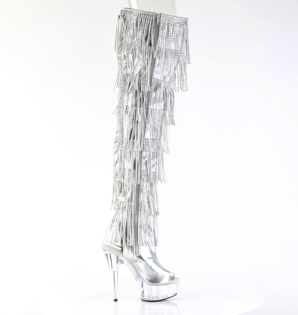 Delight 3017HG Silver Hologram Patent 6" Platform High Heel Fringe Thigh Boots - Direct