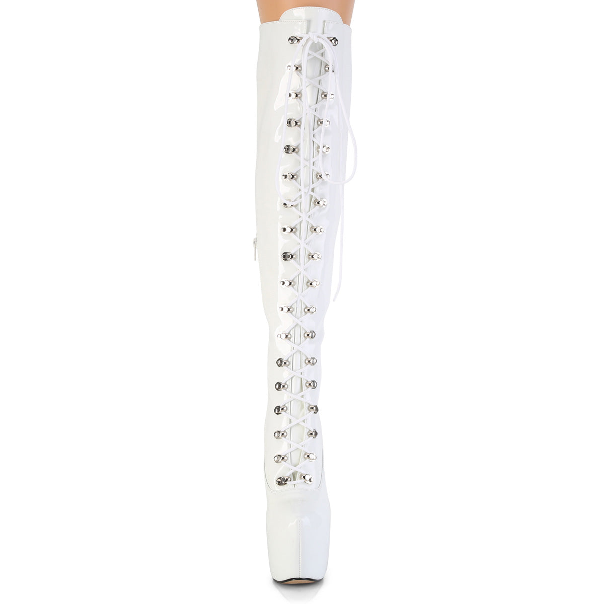 Juicy 3012 Stretch White Patent Slim 7" Stiletto Platform Knee Boots Heels - Direct - Totally Wicked Footwear
