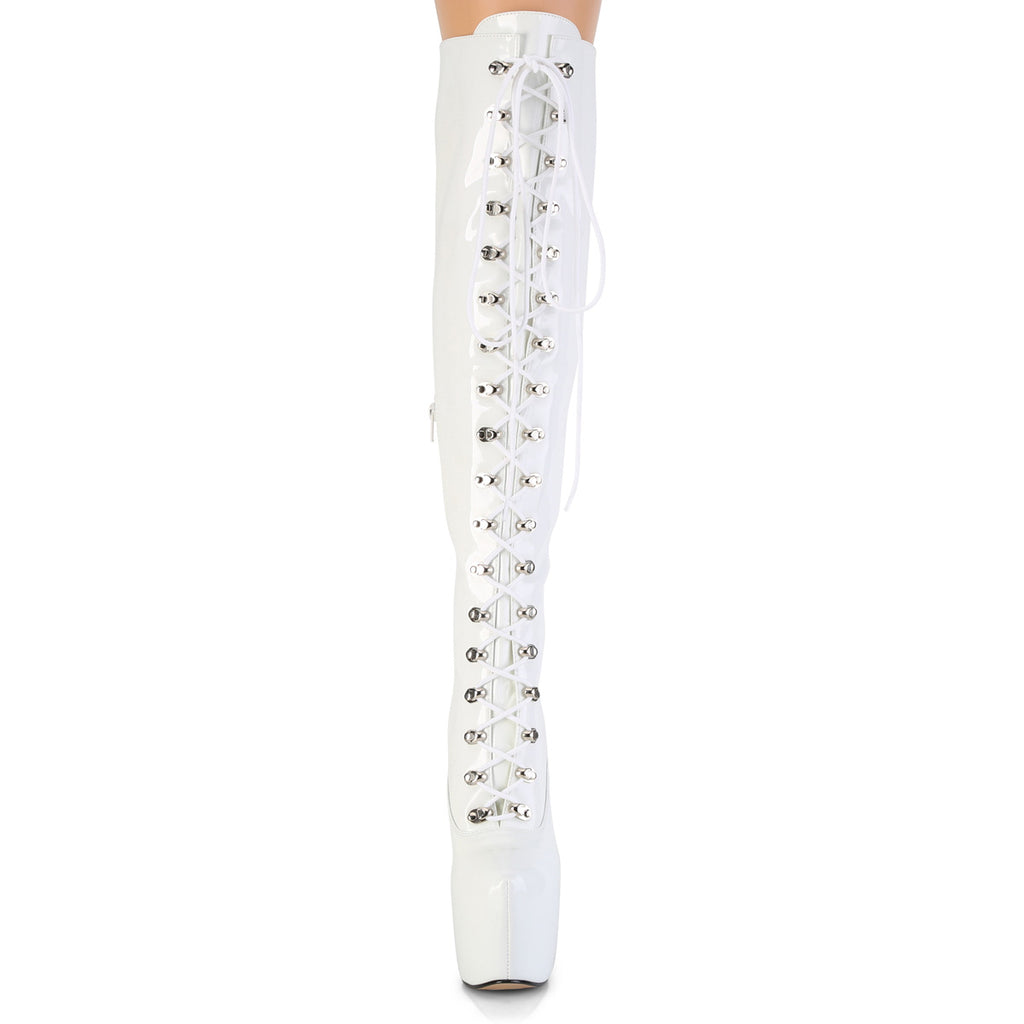 Juicy 3012 Stretch White Patent Slim 7" Stiletto Platform Knee Boots Heels - Direct