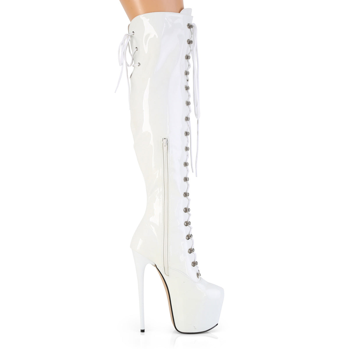 Juicy 3012 Stretch White Patent Slim 7" Stiletto Platform Knee Boots Heels - Direct - Totally Wicked Footwear