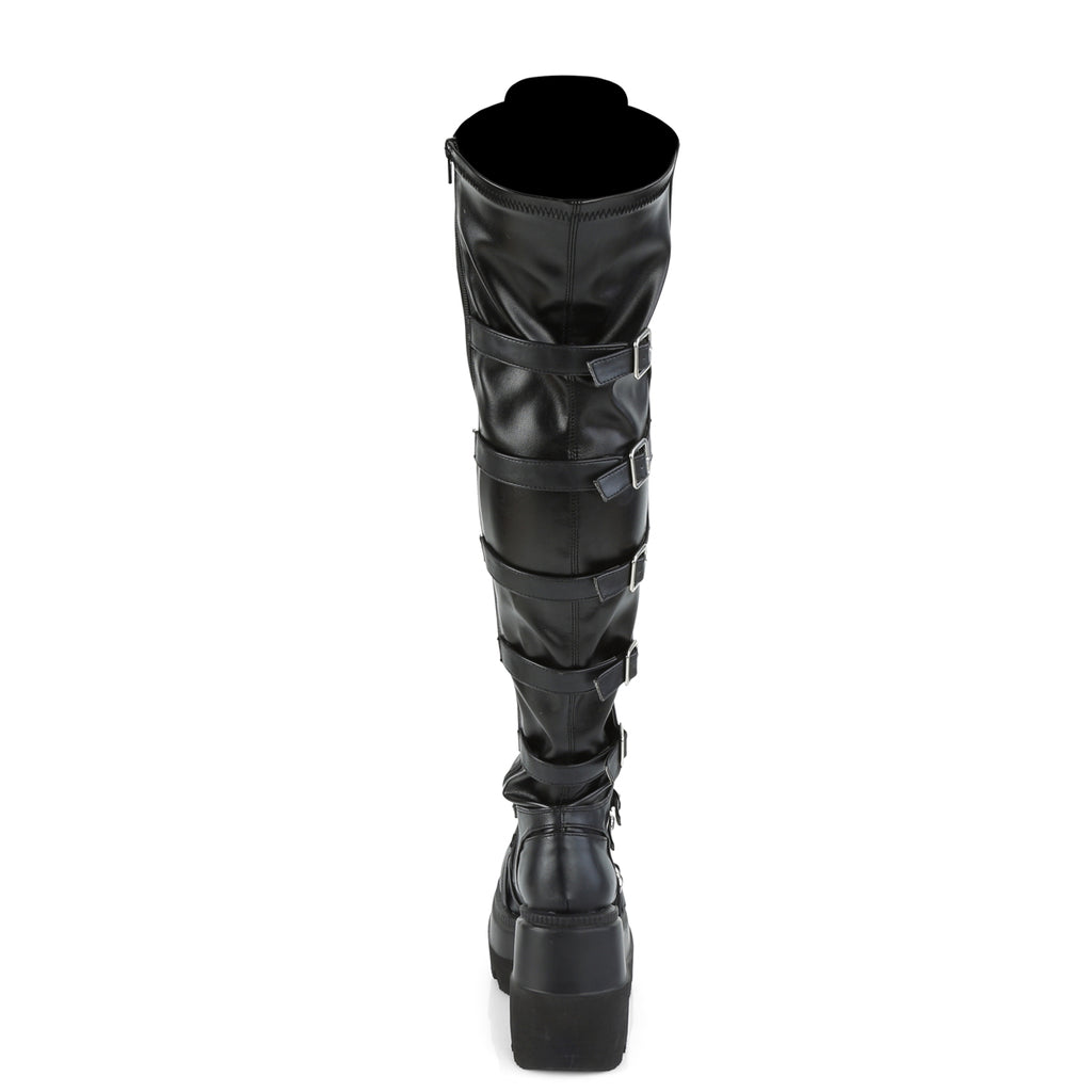 Shaker 350 Goth Black Matte OTK Thigh Boot 4.5" Wedge  6-12  - Demonia Direct - Totally Wicked Footwear