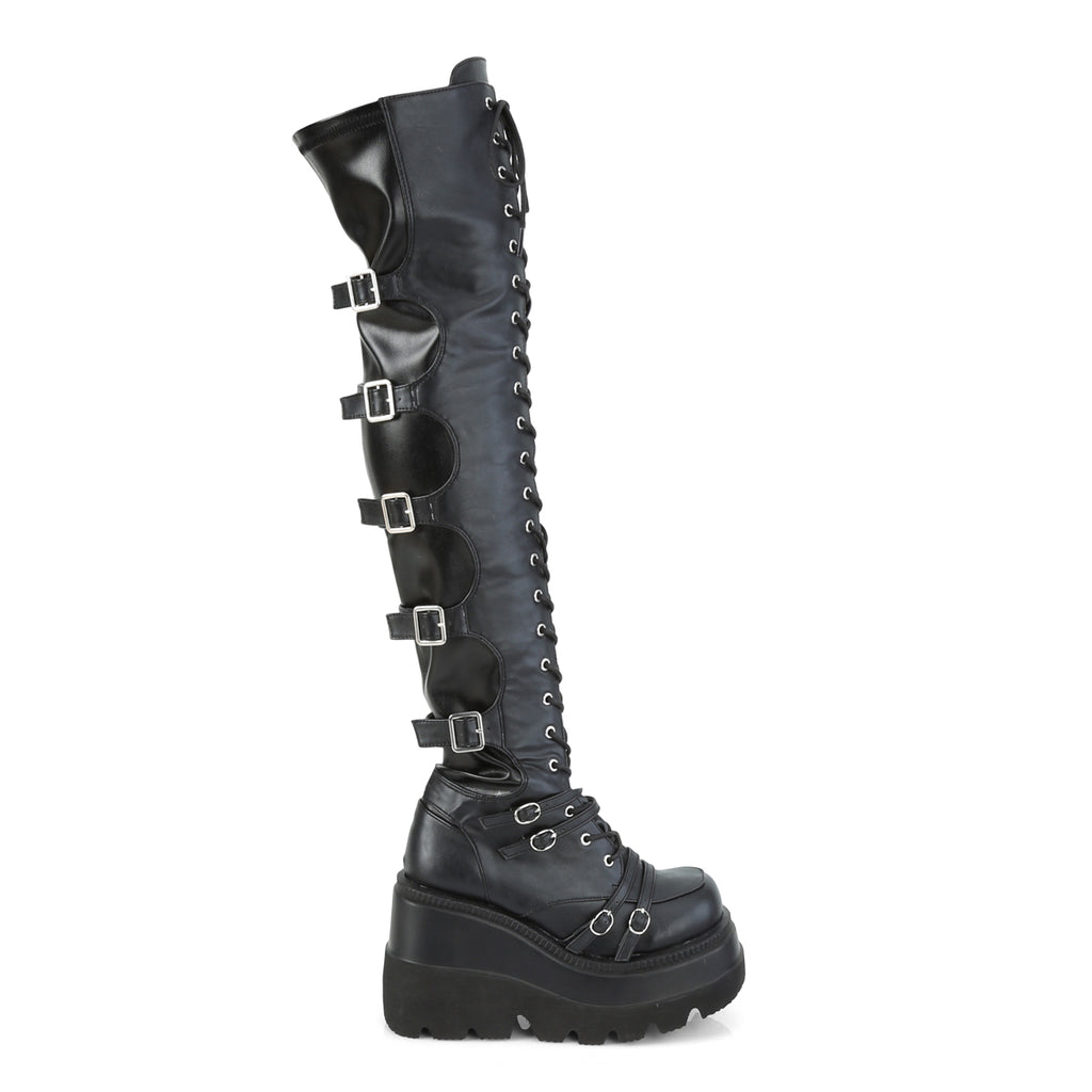 Shaker 350 Goth Black Matte OTK Thigh Boot 4.5" Wedge  6-12  - Demonia Direct - Totally Wicked Footwear
